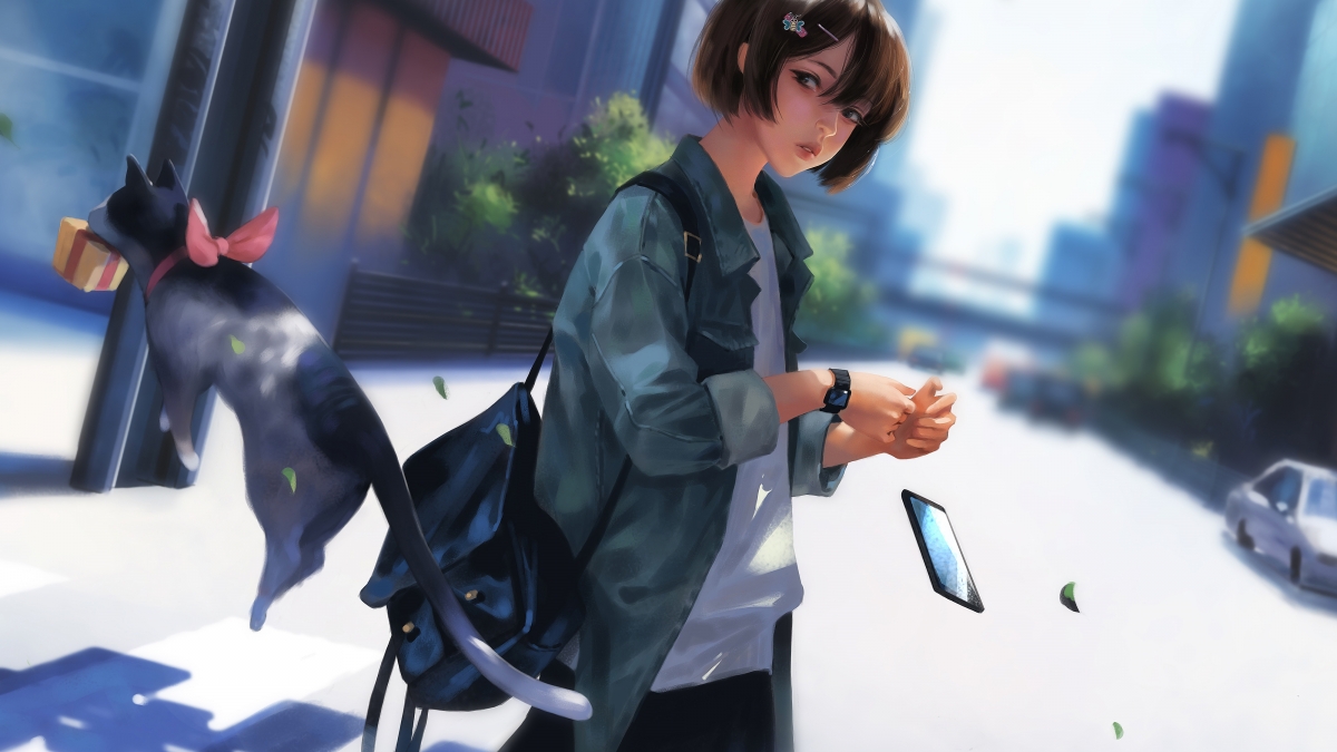 学生 女孩子 学生装 书包 手机 猫 人行横道 斑马线 4k高清动漫壁纸插图 学生 女孩子 学生装 书包 手机 猫 人行横道 斑马线 4k高清动漫壁纸